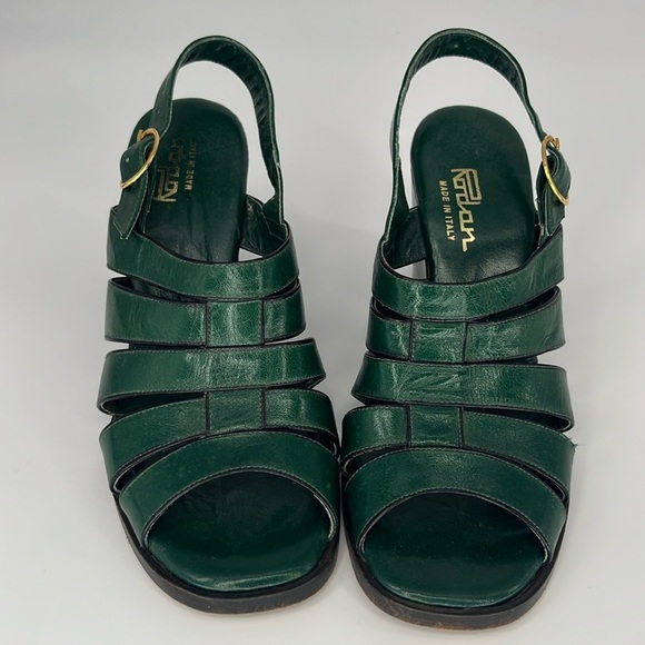 Vintage 70s Rodan Stacked Wedge Sandals in Green Leather Size 5 1/2 - Picture 3 of 13